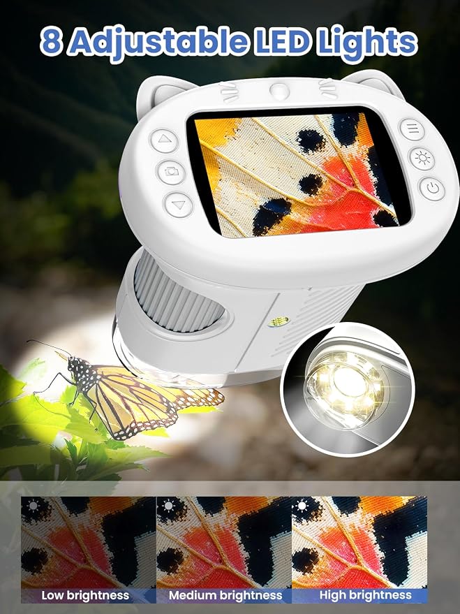 Microscope for Kids, 2.4 Inch Digital Microscope with 1000X Magnification, Handheld Camera Mini Pocket Magnifying Glass, Educational Toys for Ages 3+, White