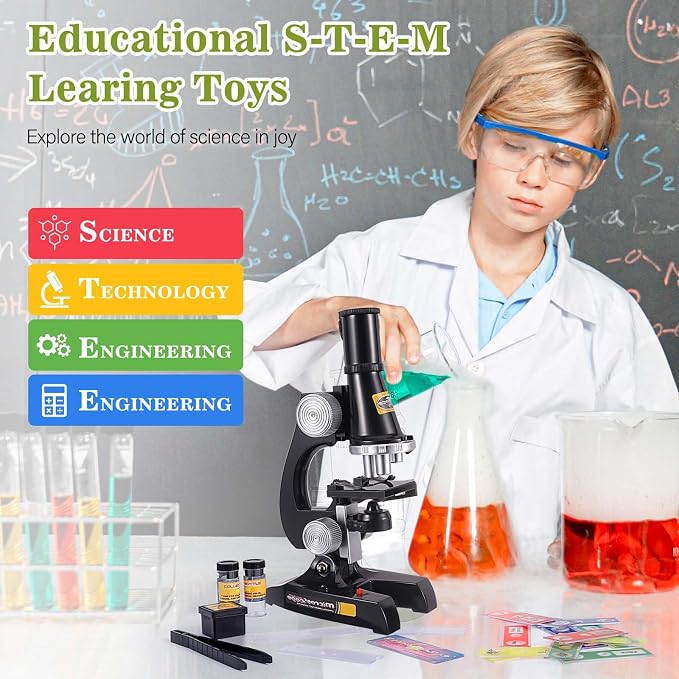 Little World Kids Microscope with LED Light - 100X/400X/1200X Magnification | Beginner science kit, monocular view, educational STEM gift for ages 5-12, Black