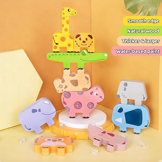 Montessori Toys, 10 PCS Wooden Animal Blocks Baby Stacking Set | Preschool Educational Learning Puzzles, Sensory Sorting Toys for 0 1 2 3 4 Year Old Kids Toddlers Girl Boy, Birthday Gift