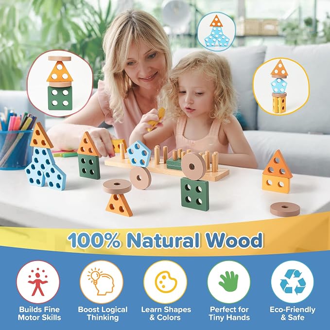 Somastung 7‑in‑1 Montessori Baby Toys for 6‑12 Months & 1+ Years, Infant Sensory Teething & Stacking Blocks | Wooden Shape Sorter, Xylophone Musical Toy, Birthday Gift for Toddlers 1‑3