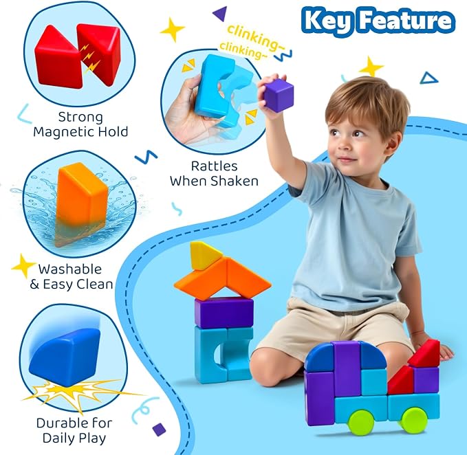 Pairez Toys Magnetic Blocks, Large 1.65 inch Stacking Blocks for Kids | 19 PCS blocks, 7 Colors & 8 Shapes, 3D Building Fun, Montessori Sensory Toy, Preschool Construction Kit, Travel & Outdoor Toy