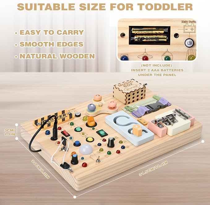 Joyreal Wooden Busy Board Montessori Toys for Toddlers, Sensory Activity Board with LED Lights, Music Box & Locks, Educational Learning Toy Gifts for Boys and Girls