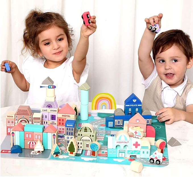115 Pcs Wooden Building Blocks Toy Set for Kids, City Construction Stacker Stacking Preschool Learning Educational Toys Gifts for 3+ Boy Girl Toddler