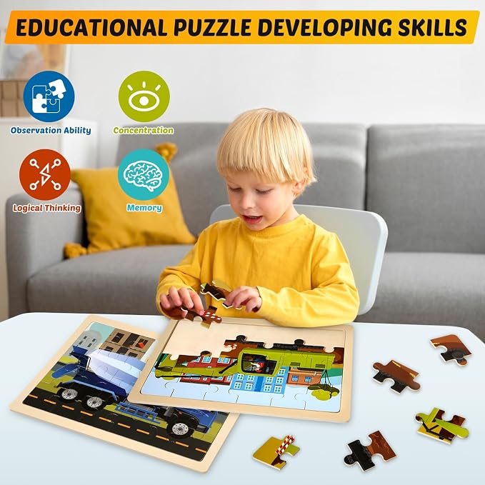 4-Pack Wooden Puzzles for Kids Ages 3-5, 24-Piece Construction Vehicle Set | Toddler Puzzles Ages 3-5, Preschool Puzzles with Wooden Jigsaw Boards for Fine Motor Skills, Shape Recognition and Travel