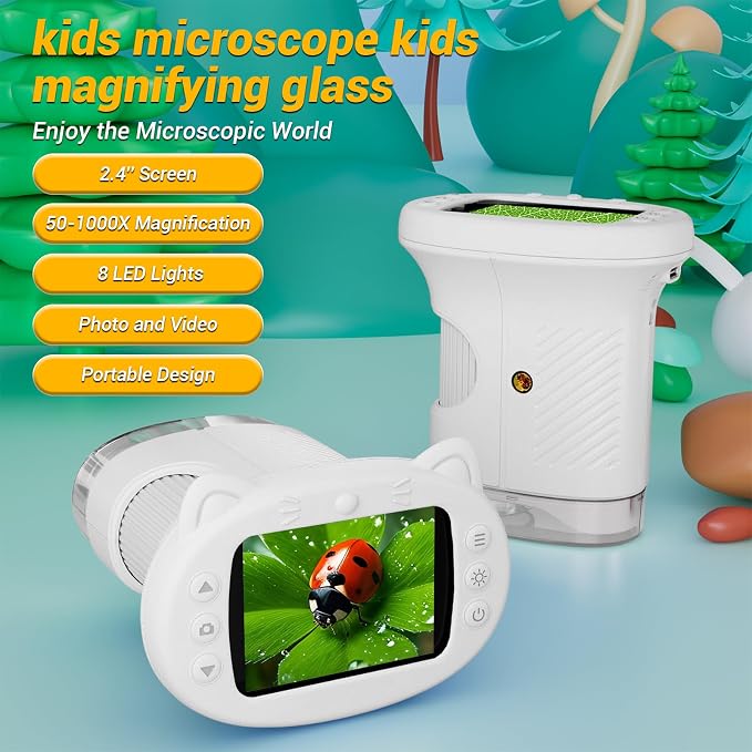 WINWEND Pocket Kids Microscope 1000X Handheld Microscope for Photo and Video Portable Science Kits STEM Toys – Christmas/Birthday Gifts for Girls & Boys Ages 3-12(White)
