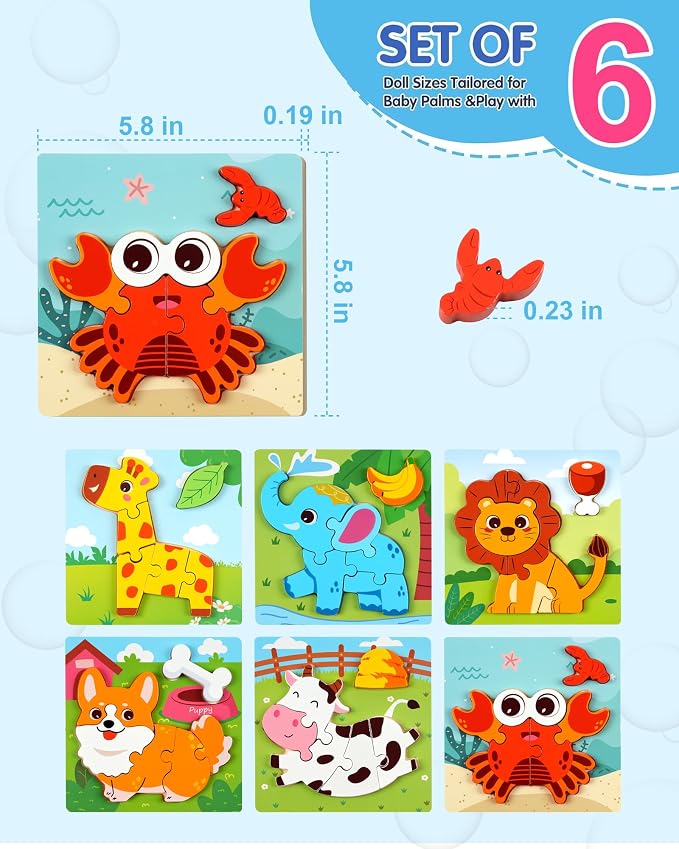 Wooden Puzzles for Toddlers 1-3, 6pcs Animal Jigsaw Puzzles for Toddlers, Montessori Educational Learning Toys for Kids Ages 1-4,Gifts for Boys Girls