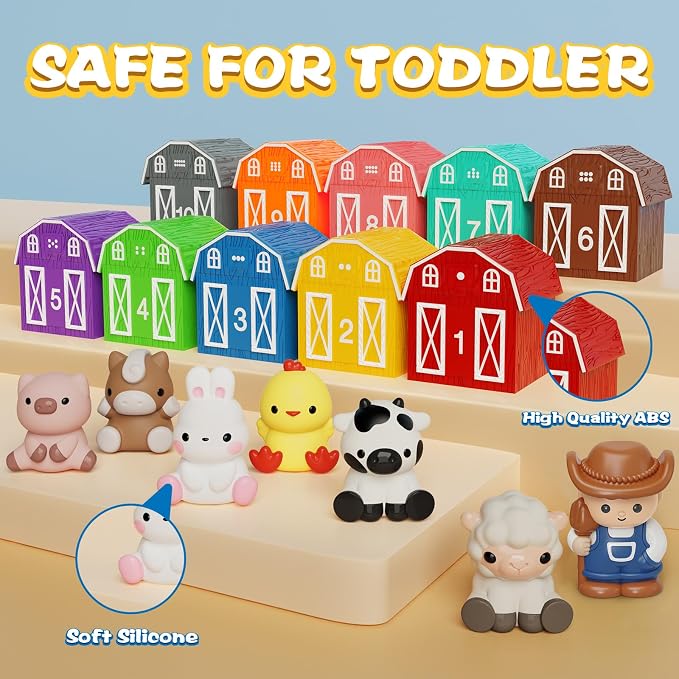 20 PCS Farm Animal Barn Playset & Finger Puppets,Farm Toys for Toddlers 1-3 | Learning Toy for Toddlers 1-3,Montessori Counting Matching & Color Sorting Toy Set,Easter Christmas Birthday Gift for Baby