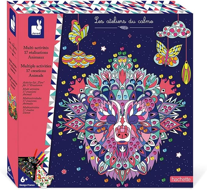 Janod Multi-Activity Box 17 Animal Achievements-Les Ateliers du Calme-Kid's Leisure Kit-Teaches Fine Motor Skills and Creativity-Ages 6 and up, J07955