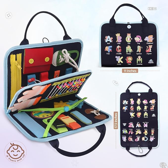 Busy Book for Toddlers, Montessori Felt Quiet Book Travel. Ages 3+ | Soft felted wool, securely stitched with no loose pieces. Buttons, zippers and abacus build fine motor skills.
