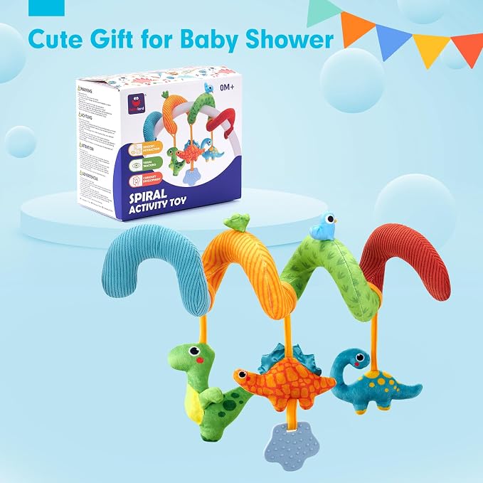 hahaland Car Seat Toys for Babies 0-6 Months Boy Stroller Toy Dinosaur | Baby Toys 0-6 Months - Rattle, Mirror, Crinkle, Squeaky, Developmental Carseat Toy Hanging Travel Birthday Gift for Infants