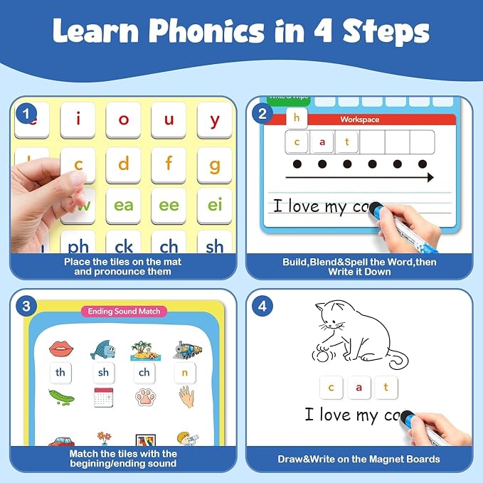 Aizweb 2 Pack Phonics Letter Tiles Set,All-in-one Phonics Kit,Reading &Spelling Games with Dry-Erase Boards&Storage Case,Phonics Games for Preschool& Kindergarten Classroom Learning
