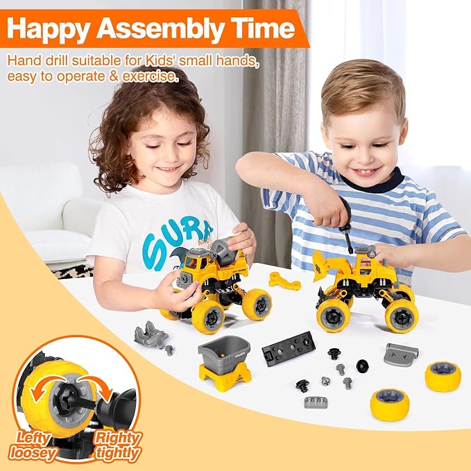 LUDILO Take Apart Construction Toys for 4 Year Old Boys Gifts Toys Age 4-6 | 4PCS Excavator Toy with Electric Drill/Kids Toy Boys 3-5/Building Learning Stem Toys for 3 4 5 6 7 Year Old Boy Birthday Gift