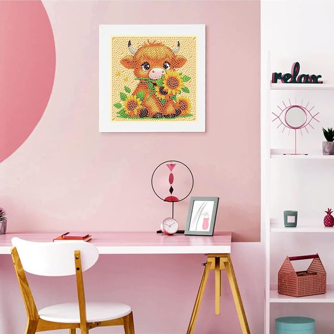 Gemozaic Highland Cow Diamond Art Kits for Kids Ages 6-8-12, 7 x 7 Inch | Animal Diamond Art for Kids 10 Year Old with Frame, Easy Kid Big Gem Painting, DIY Arts and Crafts for Girl Birthday Gift