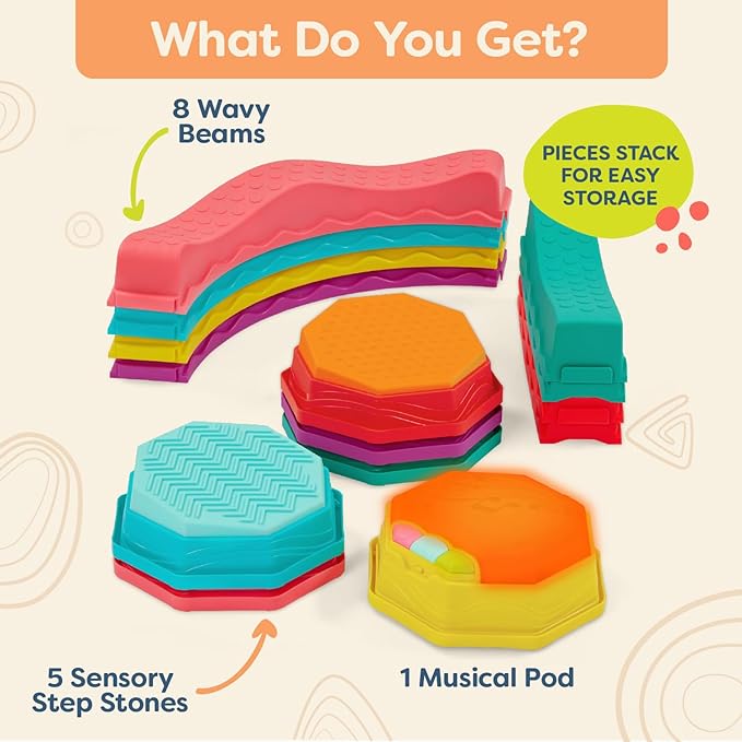 B. toys Balance Beam Set, Musical Wavy Beams & Sensory Stones | Balance & Groove Set with 8 wavy beams, 5 sensory stones, and 1 musical stepping stone for indoor or outdoor play, 3+ Years