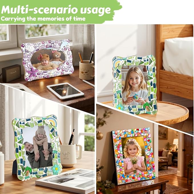 A&H Zier Mosaic Kit 3-Pack 5x7/4x6 DIY Photo Frames Craft for Kids 6+ | Mosaic kit for kids 8-12 3 wooden frames (fit 4x6/5x7) 200+ glass tiles non-toxic glue tools&instructions Fun family activity