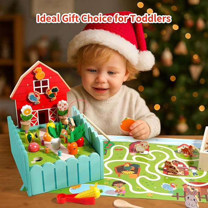 INIFEIDALA Montessori Farm Learning Game for Toddlers 3-5 | Wooden Activity Board,Challenge Cards,Fine Motor Skills,Sorting & Letter Matching,Screen-Free Educational Toy