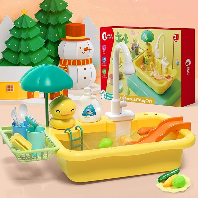 CUTE STONE Play Sink with Running Water, Kitchen Sink Toys for Pretend Play | Play Food, Kitchen Utensils, Pool Floating Toy for Fishing Game, Children Electric Dishwasher Toy Gift for Kids Boys Girls
