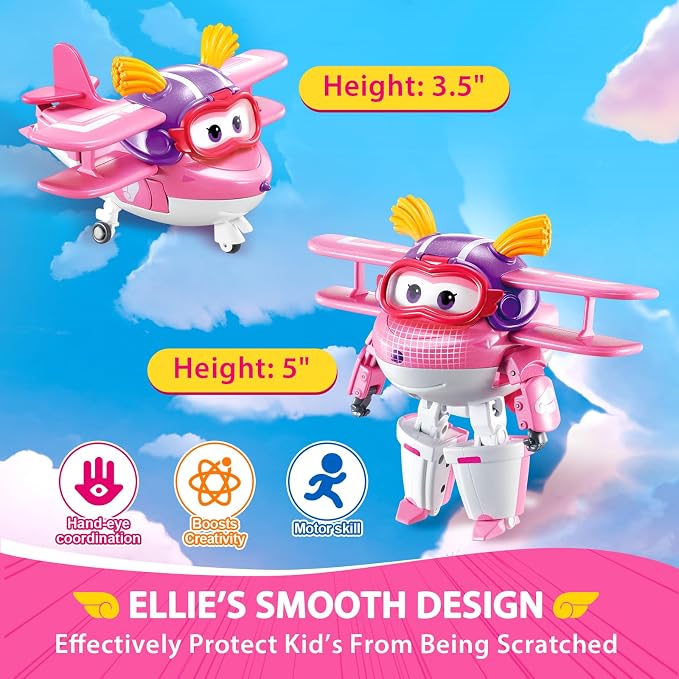 Super Wings transformable Toys, 5 in Ellie Transforming Airplane Toys, 2-in-1 Mode Action Figures, Plane to Robot, Preschool Gift transformable Figures for Boys Girls Kids Age 3 4 5 6 7 8+