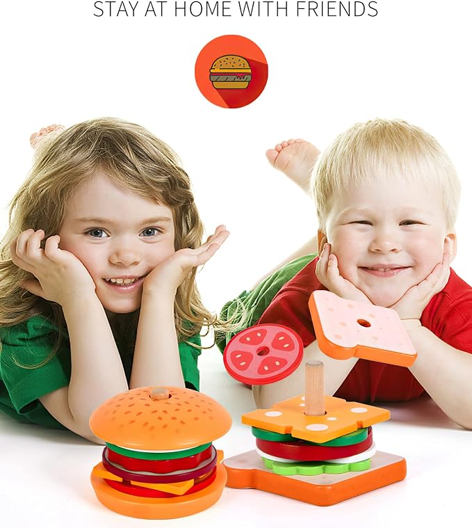 Wooden Sandwich Stacking Toys for Kids, Play Fake Food Toy, Montessori Toys for 3+ Year Old, Preschool Educational Toys to Develop Fine Motor Skills (Sandwich)