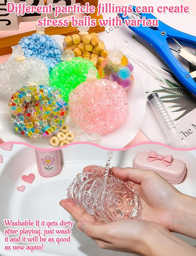 43 Pcs DIY Stress Ball Making Kit with Filler | 16 Transparent TPR Skins, 10.56 oz Fillers, Air Pump, Expander Tool, Cable Tie, Create Anxiety Relief Toys