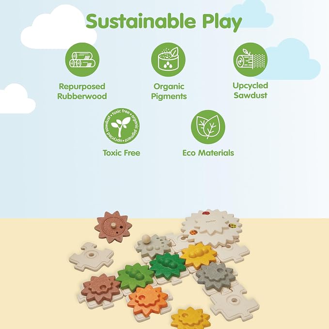 PlanToys® Wooden Gears & Puzzles Set Montessori STEM Kids Educational Toy | rotating parts, cause and effect toys, construction toys, girls, boys, logical thinking fine motor learning gift set fun