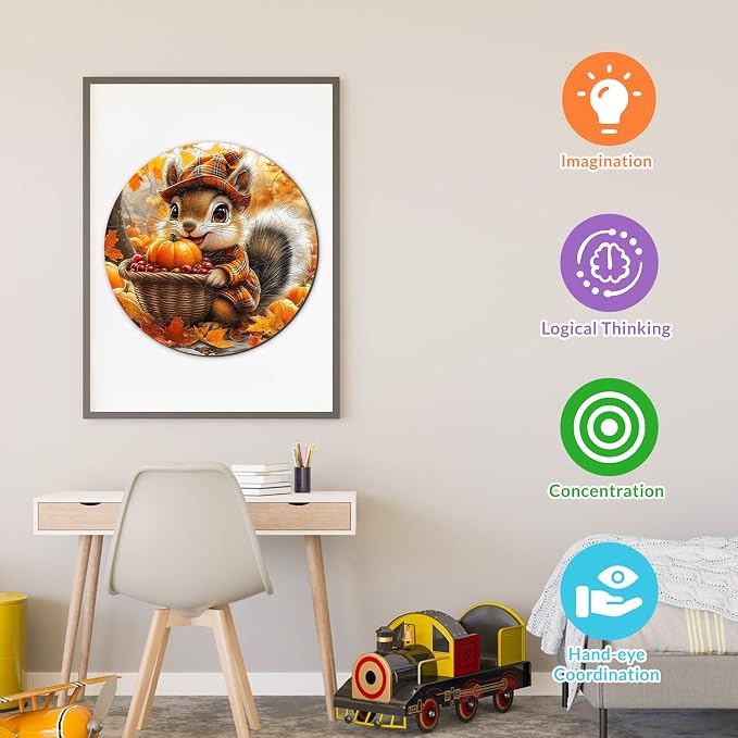 Fall Wooden Puzzles for Kids - Squirrel Harvest | 50 Piece Puzzles for Kids Ages 4-6 - Kids Puzzle with Unique Animal Shapes - Round Puzzles for Boys and Girls (11.4 * 11.4in)