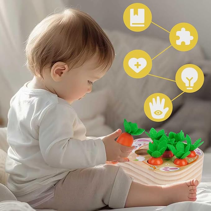 KMTJT Montessori Toys for 2 3 Year Old Toddlers | Wooden Carrot Harvest Toy | Sorting & Matching Game for 2+ Years, Fine Motor Skills Development, Educational Gifts for Baby Boys & Girls (Red)