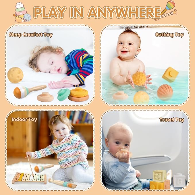 6-in-1 Montessori Baby Toy Set with Musical Instruments Toddler Baby Gift | Wooden xylophone with 2 sticks, maraca and clarinet; 6 soft blocks, 5 stacking rings, 3 sensory balls; music and sensory play