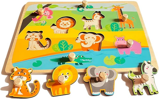 Wooden Peg Puzzles for Toddlers 1-3 - Montessori Educational Learning Puzzle Toys for Baby Gifts
