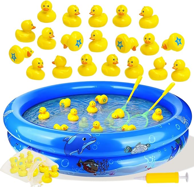Duck Matching Game Toys for Kids - 20 Plastic Ducks with Numbers,34" x 7" Kiddie Pool | Storage Bag, 2 Nets - Fun Memory Games - Water Outdoor Game for Children,Preschoolers,Birthday Party Carnival
