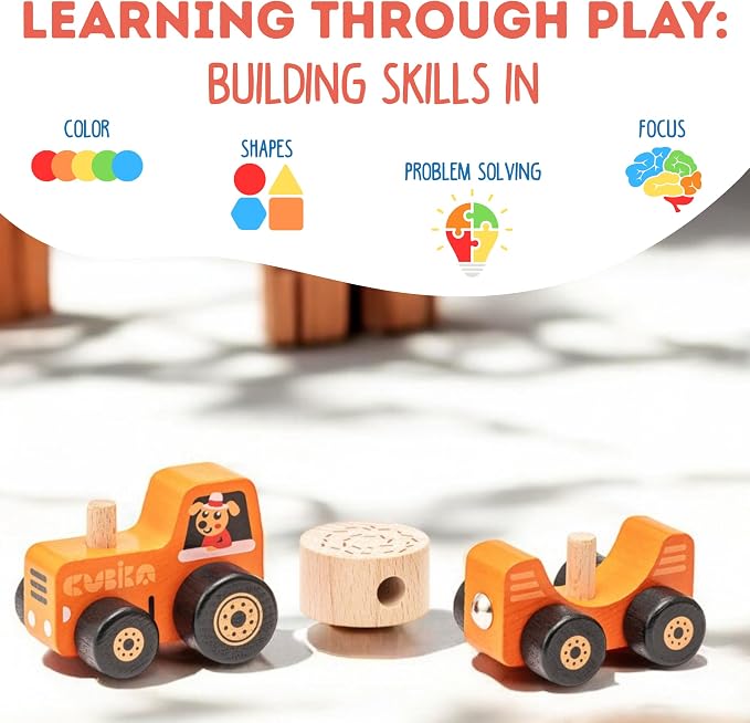 CUBIKA Wooden Toy Tractor – Montessori Toy for Toddlers Ages 3+ – Wooden Tractor with Magnetic Fasteners – FSC-Certified Wood, German Water-Based Paints – Travel-Friendly Fine Motor Toy