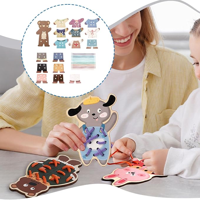 Lacing Threading Toy Wood Lacing Threading Toy for Children with Sturdy Strings and Clothing Pieces for Fine Motor Skills Hand Eye