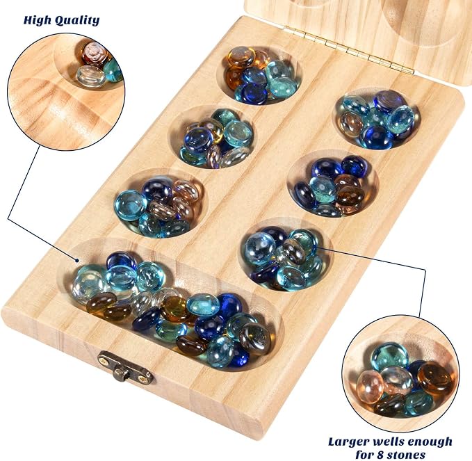 AMEROUS Wooden Mancala Board Game Set - Folding Board - Multi Color Glass Stones - Gift Package - Mancala Instructions, Portable Travel Board Game for Kids and Adults
