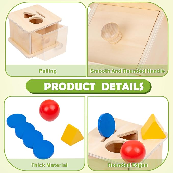 Adena Montessori Wooden Coin Box with Drawer Object Permanence 6-12 Months | Red ball, yellow triangle, blue disc. Smooth wood, no burrs. Open-close-insert for color-shape sorting. Gift.