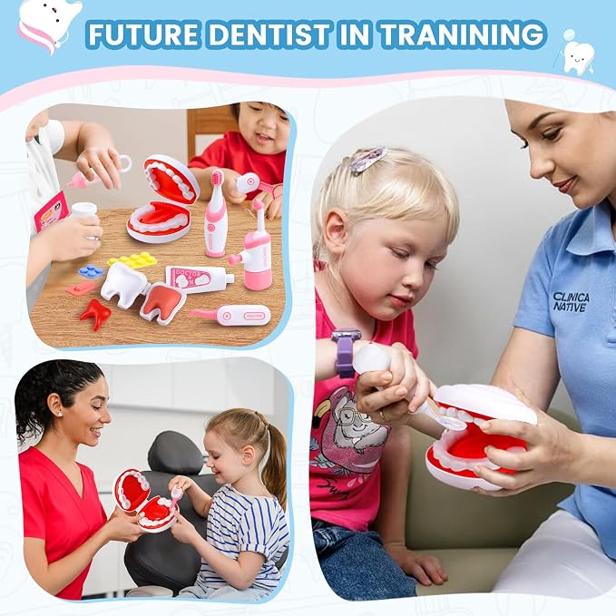 Dentist Play Set for Kids Ages 3-8, 26PCS Realistic Pretend Dental Toy Kit with Teeth Cleaning Tools, Doctor Costume & Learning Guide. STEM Educational Toys, Toddler Medical Kit for Boys & Girls Gifts