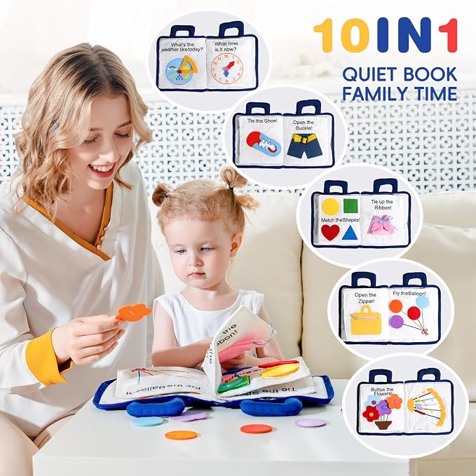 Jollybaby 10 Page Baby Soft Busy Books -My Quiet Book, Travel Toy & Montessori Sensory Educational, Preschool Learning Activities Toy for 1 2 3 Year Old Toddlers Boy Girl(Blue)
