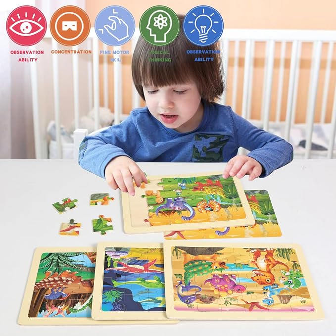 Wooden Puzzles Dinosaur Toys for Kids Ages 3-5, Set of 4 Packs with 24-Piece Wood Jigsaw Puzzles, Preschool Educational Brain Teaser Boards for Boys and Girls 3 4 5 6 Years Old