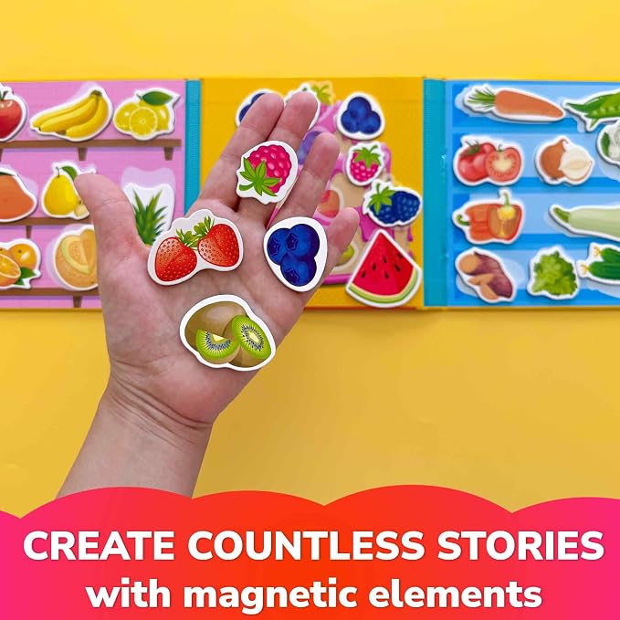 Travel Magnetic Puzzles for Toddlers 1-3 - 20+Pcs Toddler Puzzles Ages 2-4 | Fruits & Vegetables Magnet Puzzles with Extra-Long Play Book - Strong Magnets for Car Activity - Travel Toy for Kids Ages