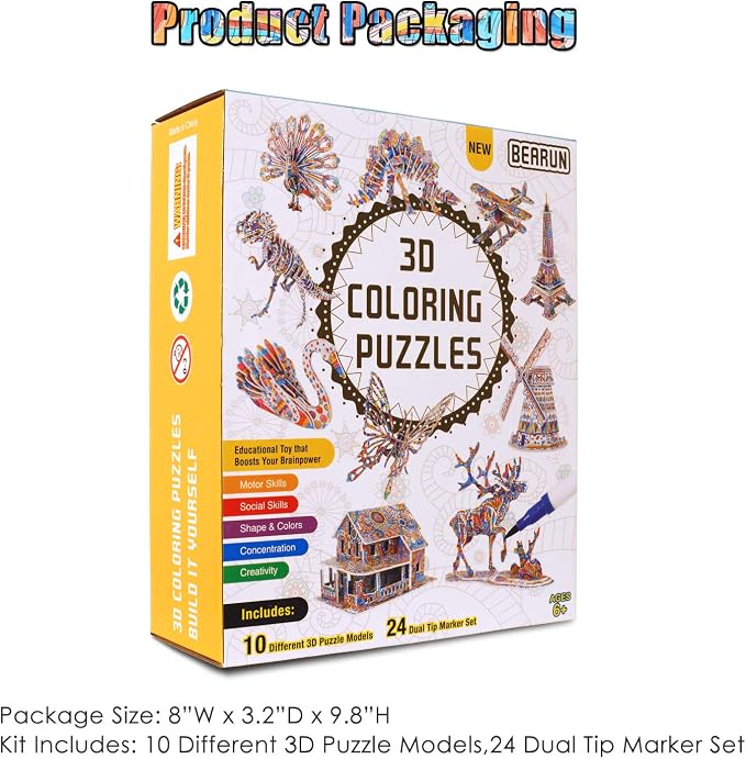 BEARUN 3D Coloring Puzzle Set, Arts and Crafts for Girls and Boys Age 6 7 8 9 10 11 12 Year Old, Fun Educational Painting Crafts Kit with Supplies for Kids, Birthday Toy Gift for Kids
