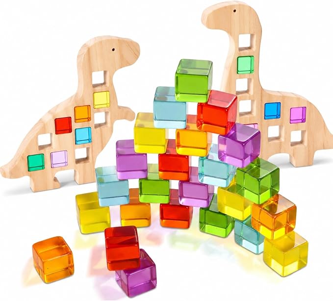 Soulchen Kids Wooden Building Block Set, 20 Rainbow Gem Cube Stacking Blocks - 2 Dinosaur Skeletons, Montessori Toddler Stacking Toy, Learning Educational Toy Sensory Gift for Boys Girls