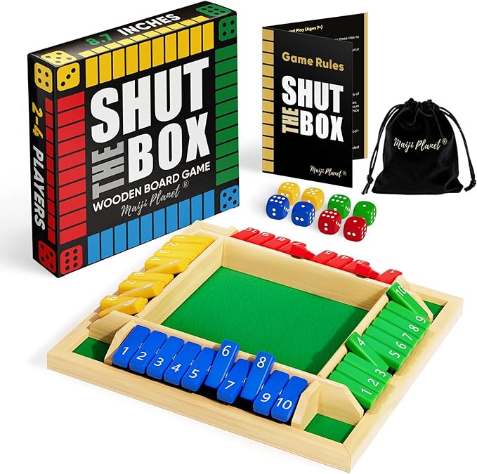 Classic Original Shut The Box Game Wooden Math Dice Board Game 2-4 Players | Table Games for Family Night Classroom Travel, Gifts for Group Kid Adult Senior, Camp Party Bar, Easy Quick and Fun