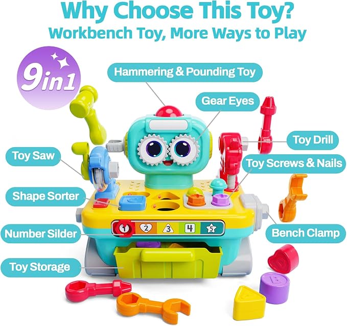 iPlay, iLearn Toddler Musical Workbench Toy, 1 Year Boy Gift, Baby Tool Set | Infant Shape Sorter Activity, Kid Pounding Game, Toddler Learning Toy, 1st Birthday Gift 12 18 24 Month Girl Age One 1 2 3 Yr