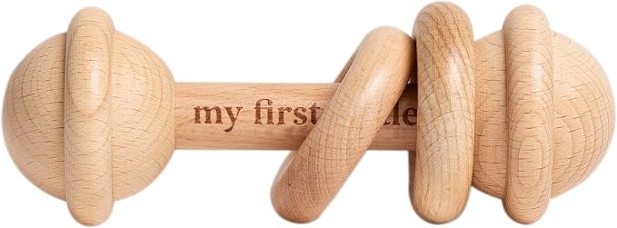 Pearhead Wooden My First Rattle and Teether, Baby Sensory Toy | Laser-Engraved Keepsake, Natural Beechwood, Easy-Grip Design, Fine Motor Skills, Newborn Tummy Time, New Parent Gift, Ages 0+