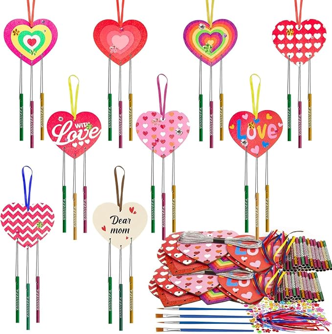 Fennoral 27 Pack Heart Wind Chime Kit for Kids Make You Own Double Side Wind Chimes DIY Colorful Wooden Art and Craft for Kids Mother's Day Party Decoration Mom's Birthday Gift from Kids
