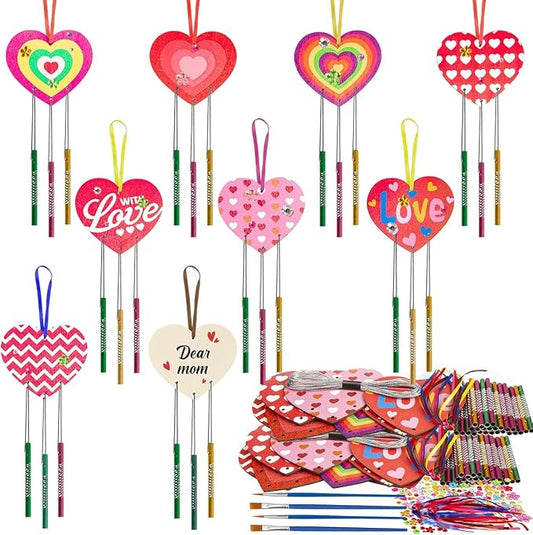 Fennoral 27 Pack Heart Wind Chime Kit for Kids Make You Own Double Side Wind Chimes DIY Colorful Wooden Art and Craft for Kids Mother's Day Party Decoration Mom's Birthday Gift from Kids