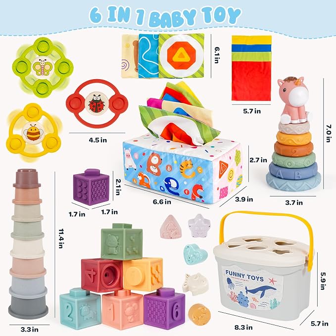 Montessori Toys for Babies 6-12-18 Months 6 in 1 Infant Sensory Baby Toy | Stacking Cups Shape Sorter Box Suction Spinner Building Blocks Stacking Ring Tissue Box Toddler 1 2 3 Year Old Birthday Gift