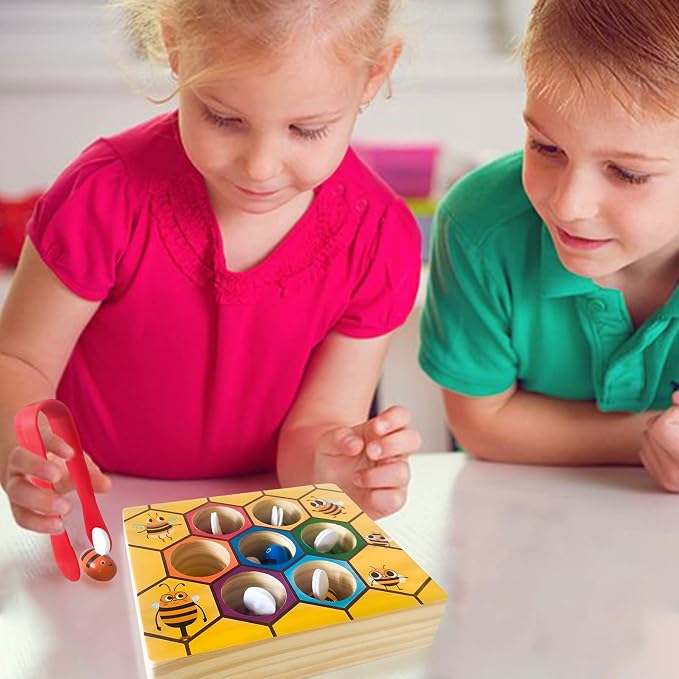 Toddler Fine Motor Skill Toy, Bee to Hive Matching Game, Montessori Wooden Color Sorting Matching Toy, Preschool Educational Learning Toys Gift for Toddler 3 Years Old