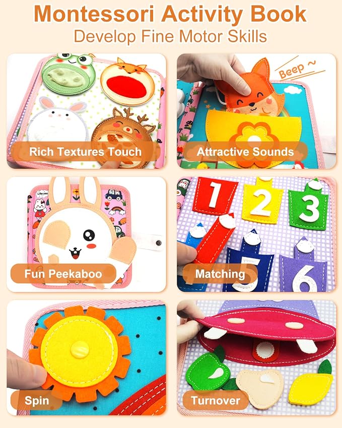 Busy Book for Toddlers 1-3, Montessori Toys for 1 Year Old, Baby Activity | Animals Sensory Quiet Books, Kids Travel Toys, Felt Busy Board for Toddlers 3-5, Educational Learning Gifts for Boys Girls