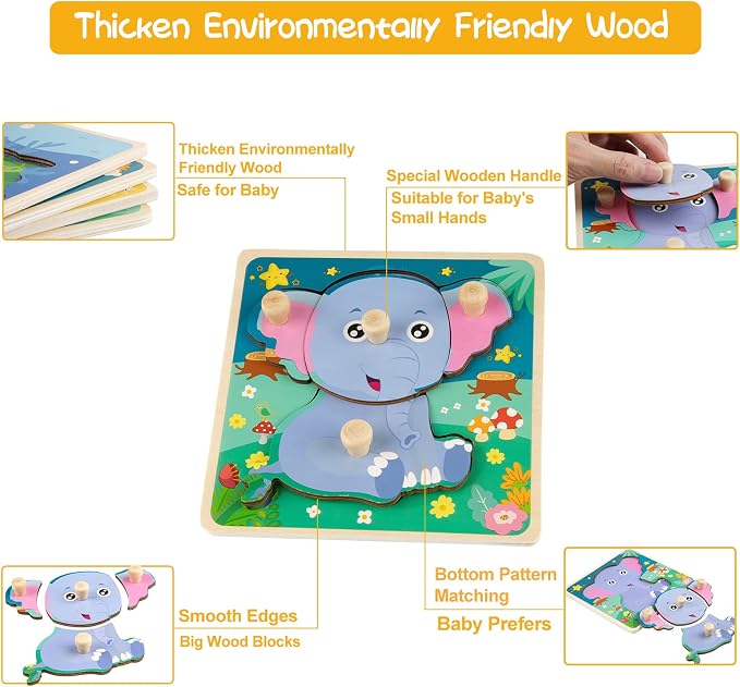 Chunky Wooden Puzzles for Toddlers 1-3: 4 PCS Animals Peg Puzzles Toys | 10 Reinforced Design Tested to 1,000+ Assembly Cycles - Big Pieces for Little Hands - Gift for 1-3 Year Olds Girl Boy