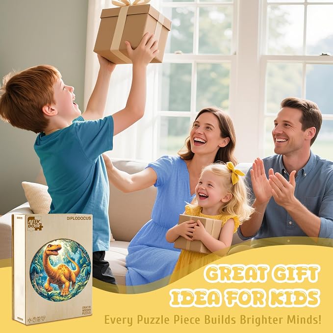 Dinosaur Wooden Puzzles for Kids - Diplodocus | 50 Piece Puzzles for Kids Ages 6-8, Kids Puzzles with Unique Animal Shapes, Round Gifts for Girls and Boys (11.4 * 11.4 in)